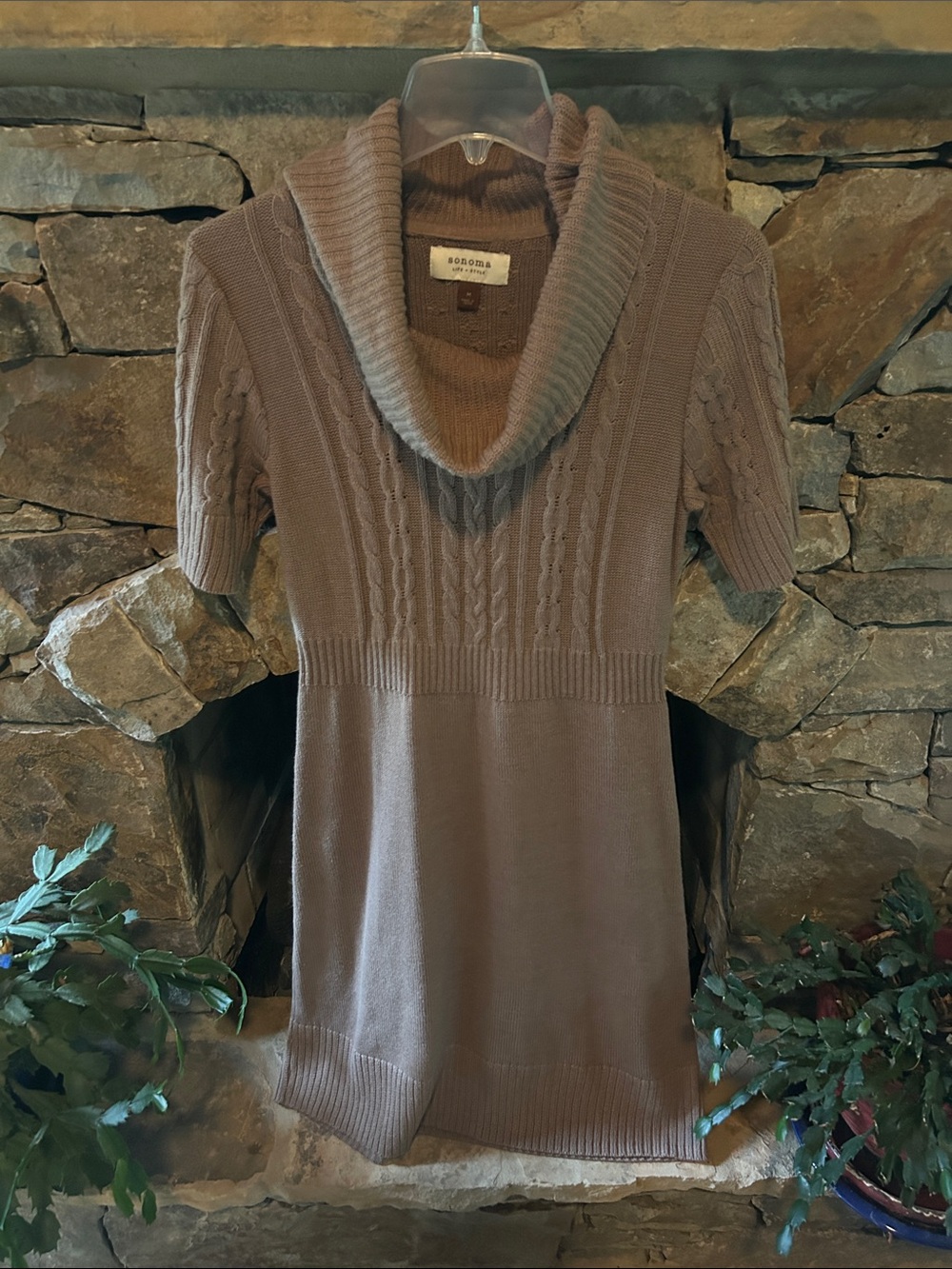 Sonoma Taupe Cable-Knit Cowl Neck Short-Sleeve Below Knee Sweater Dress; Size M